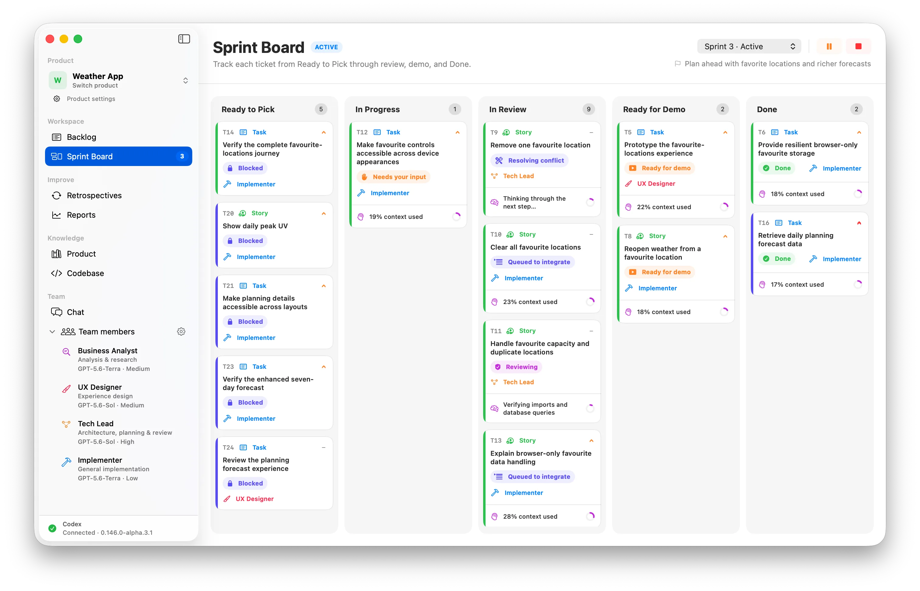 Spedito sprint board showing tickets across ready to pick, in progress, in review, ready for demo, and done.